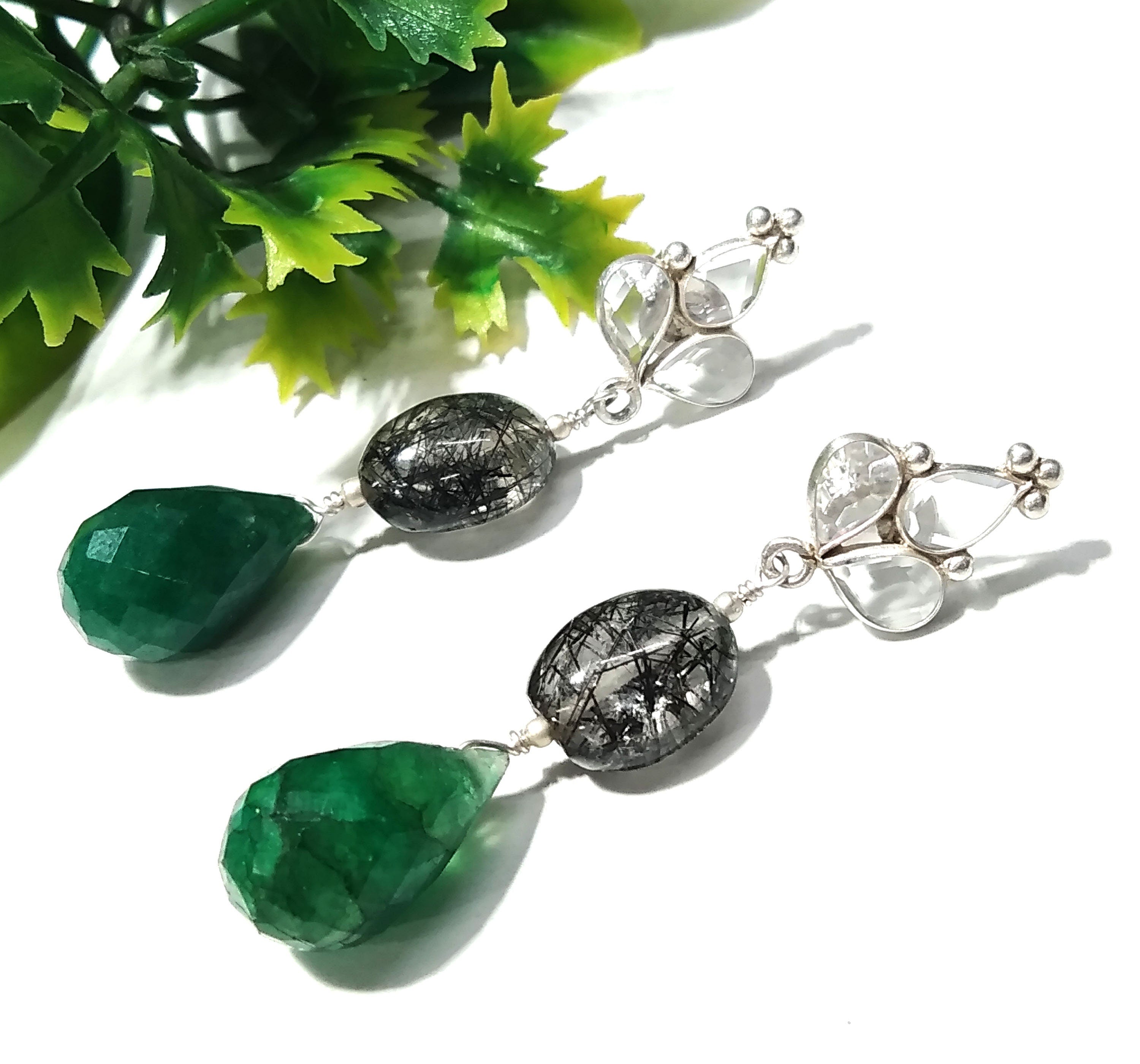 Beautiful Rutile Quartz/Zircon And Green Jade Gemstone Earrings ! 925 Silver With Natural Gemstone Zircon Faceted & Rutile Quartz Earrings
